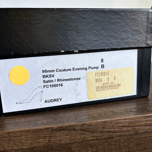 St. John Couture Audrey 8 Black Satin Rhinestone Heels Pointed Toe Stiletto Box - Picture 9 of 10